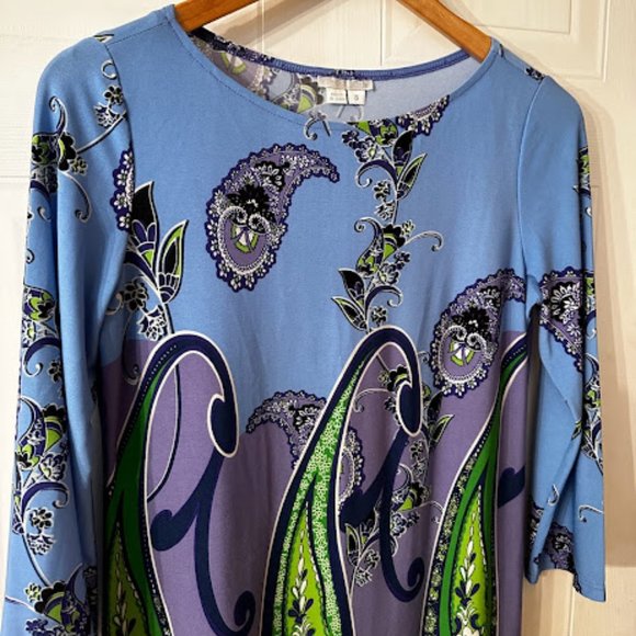 London Times Long-Sleeve Dress~ Size 6~ Blue and Purple with Paisley Print (B8) - Picture 2 of 4